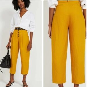 Frank & Oak Tencel and Linen Blend Button Front Trouser Pants in Mustard Sz 4